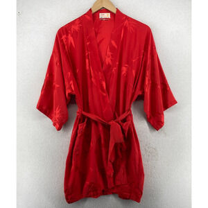 LONGEVITY Robe OS Pure Silk Jacquard Satin Kimono Wrap Tie Belted Lounge Red